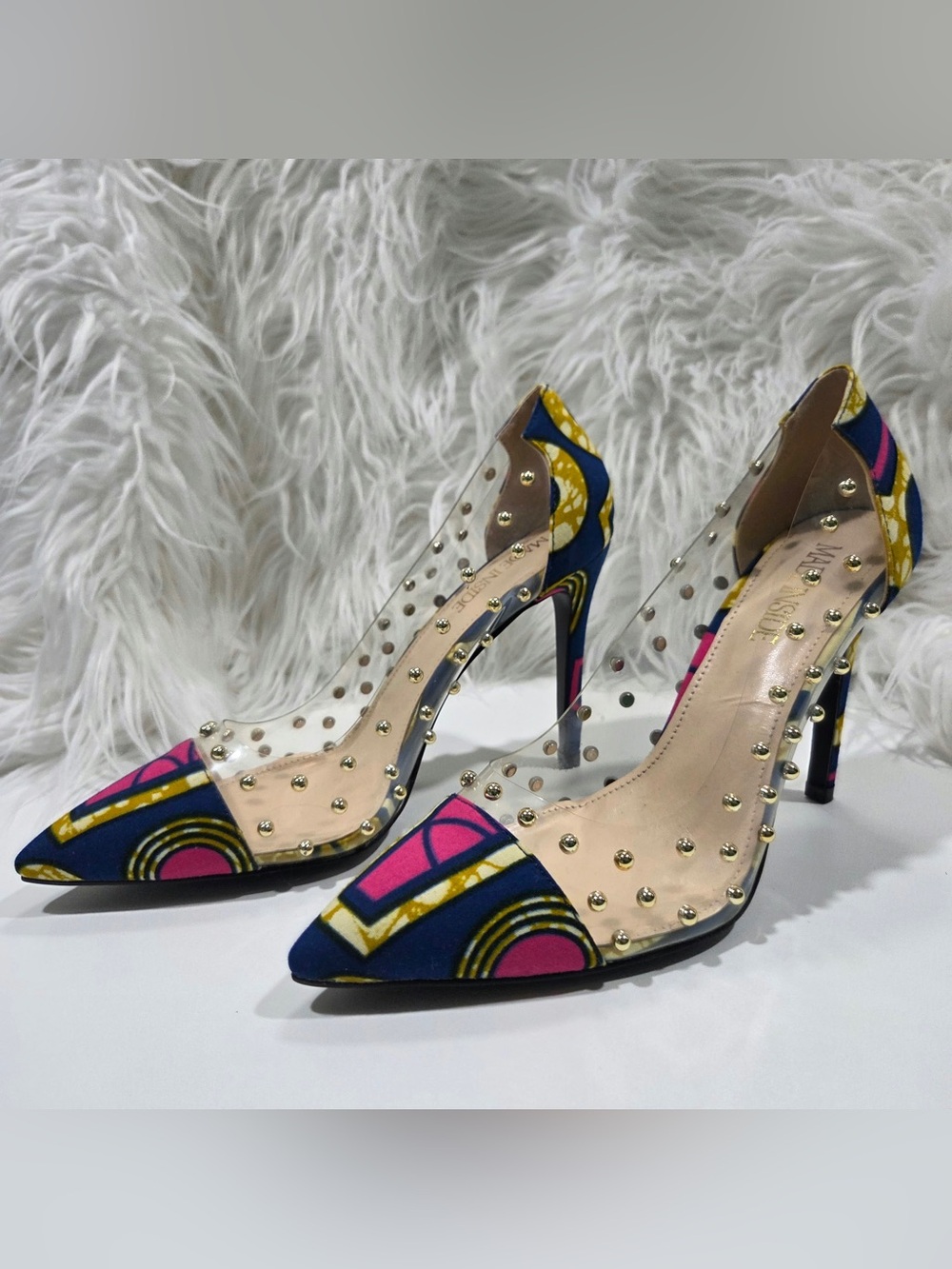 Multicolor Geometric PVC Studded Stiletto Pumps Size 9